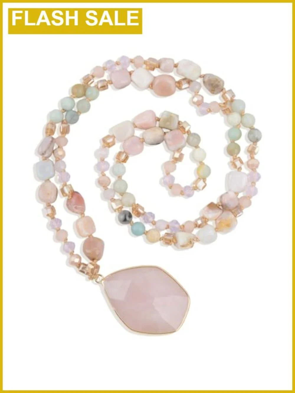 Boho Long Beaded Necklace Natural Stone Crystal Pendant 31.5in